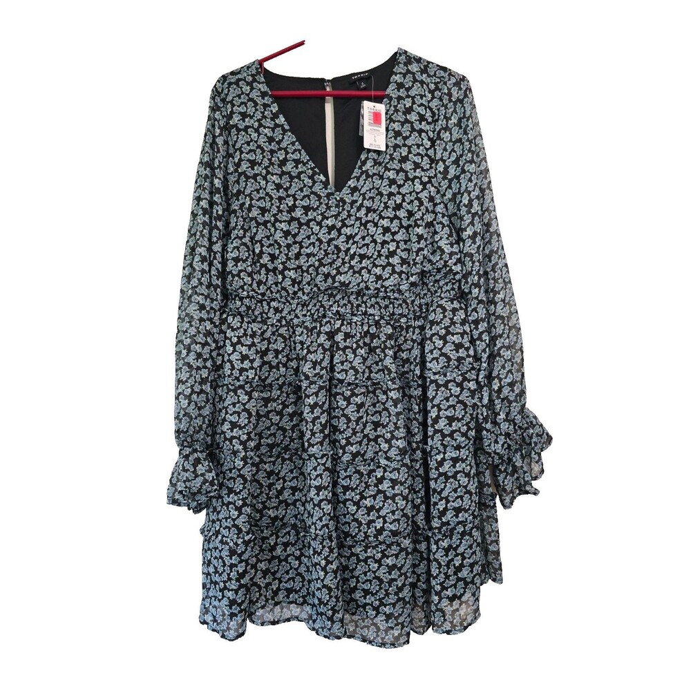 Torrid Mini Lurex Chiffon Tiered Dress Sz L (0) Blue Floral Pockets Lined Nwt